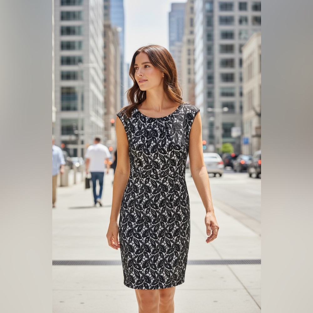 London Times 6 Dress Sheath Black White Lace Pattern Career Cap Sleeves